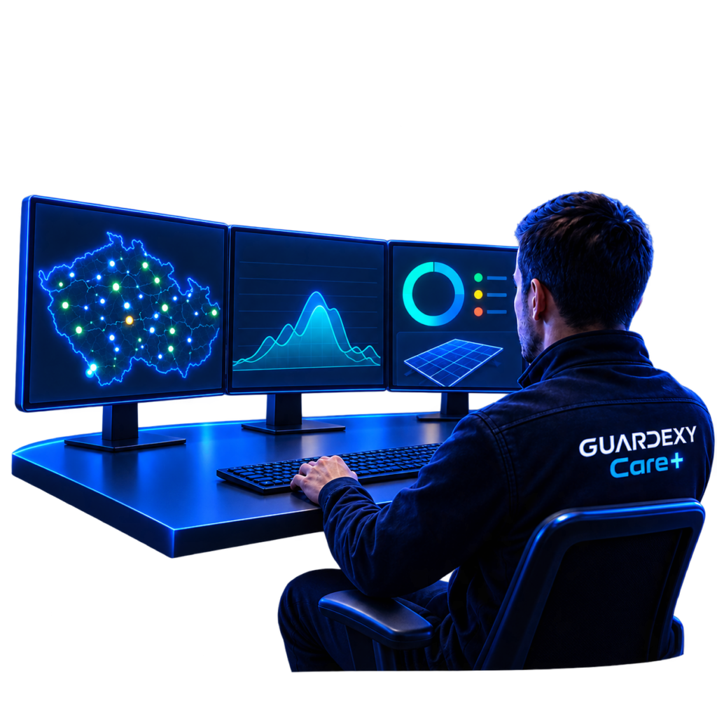 Guardexy Care+ — operátor dohledového centra s přehledem fotovoltaických instalací