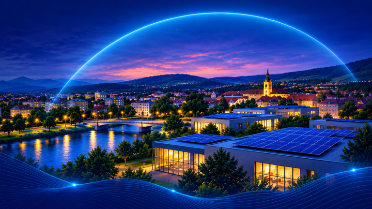 Ilustrace chytré energetiky: fotovoltaické budovy a město pod modrým ochranným obloukem